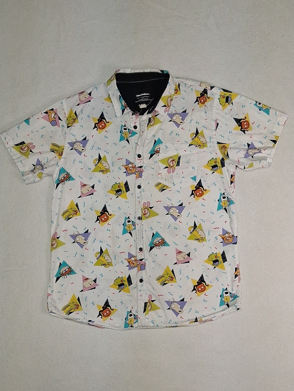 Nickelodeon White Short-Sleeve Button-Up Shirt with Multicolor Character Stars